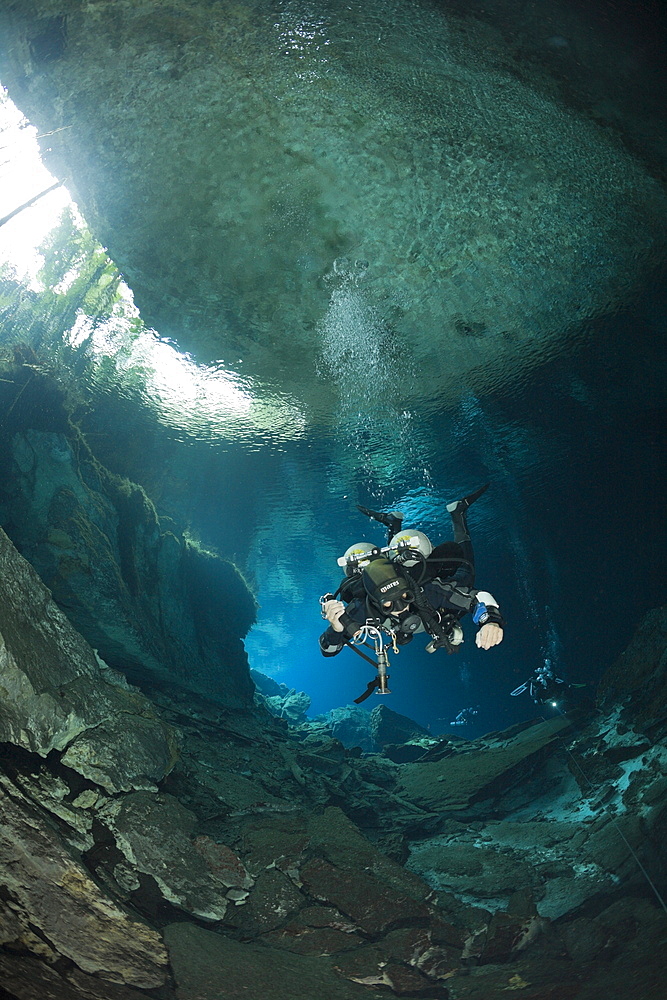 Cave Diver in Chac Mool Cenote, Playa del Carmen, Yucatan Peninsula, Mexico