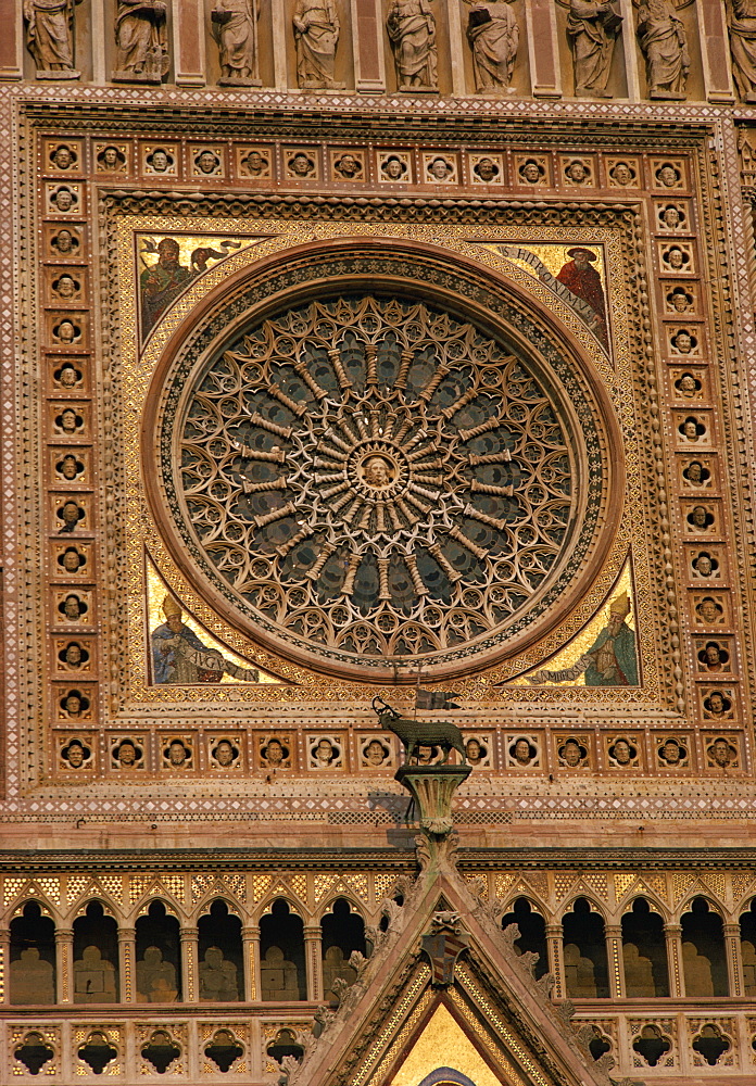 Architectural detail of the rose window in the cathedral at Orvieto in Umbria, Italy, Europe