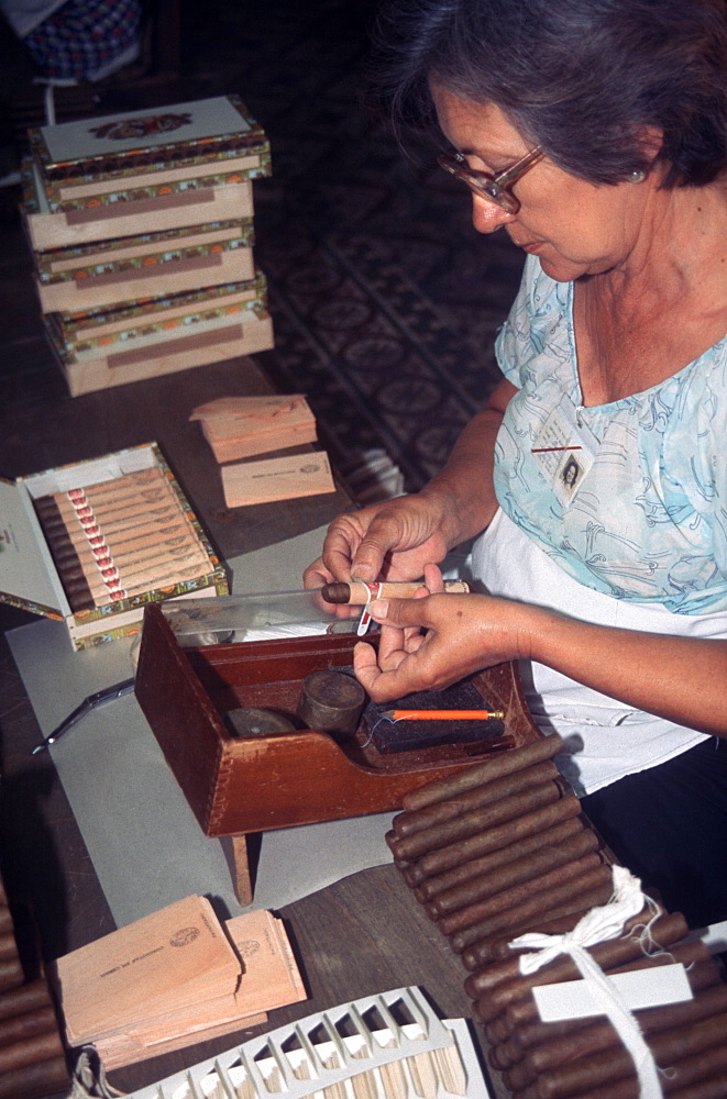 Woman rolling and labeling world famous Cuban cigars, Havana, Cuba