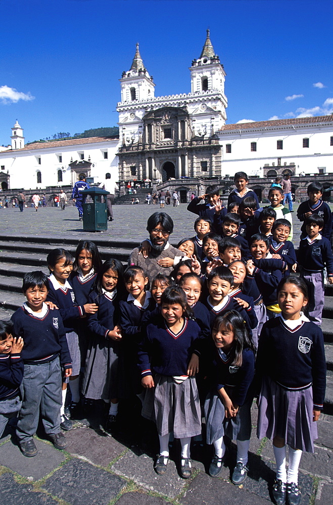 The Monastery of San Francisco 1534 to 1600 the largest colonial building in Quito on Plaza San Francisco, Old Town area with students, Quito, Ecuador