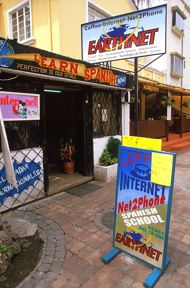 Ecuador's capital and second largest city restaurants and Cyber Cafes along Calama at Juan Leon Mera in the New Town area, Quito, Ecuador