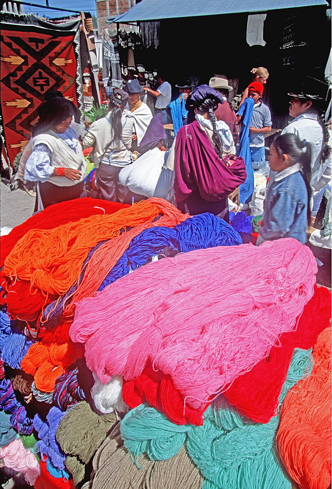 Otavalo, north of Quito is one of Latin Am's most famous markets for textiles, crafts and produce selling colorful yarns to weavers, Quito, Ecuador