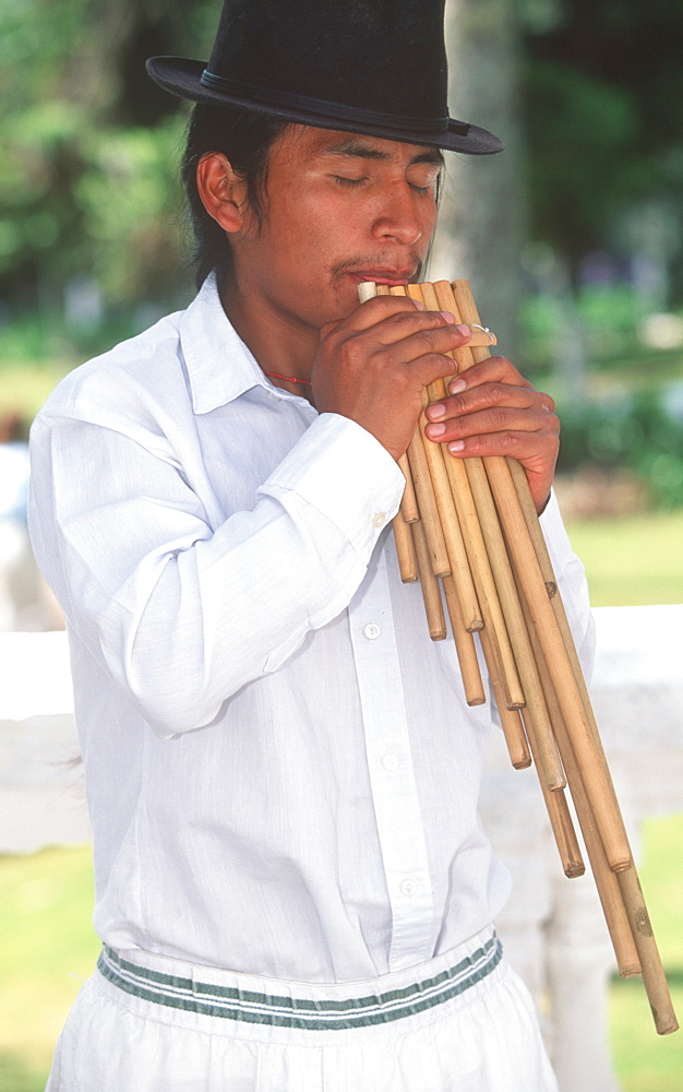 Hacienda Pinsaqui hacienda now hotel north of Quito musicians with trad instruments 'queno' flutes and 'rondador' panpipes, Colonial Architecture, Ecuador