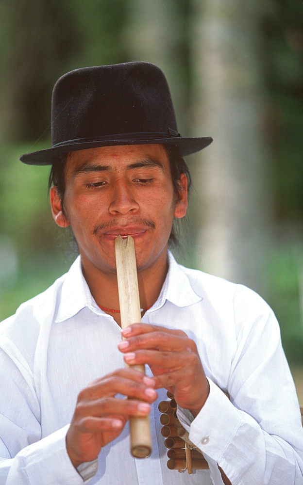 Hacienda Pinsaqui hacienda now hotel north of Quito musicians with traditional instruments a 'queno' bamboo flute, Colonial Architecture, Ecuador