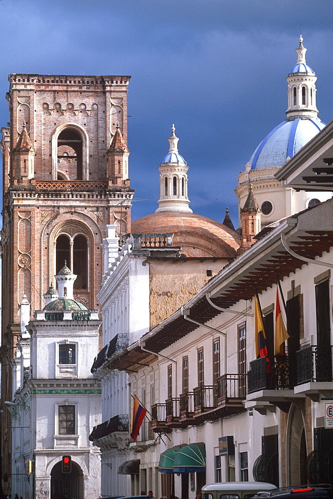 Cuenca World Heritage City & Ecuador's third largest city, famous for its colonial architecture Cathedral Tower, dome and colonial buildings, Highlands, Ecuador