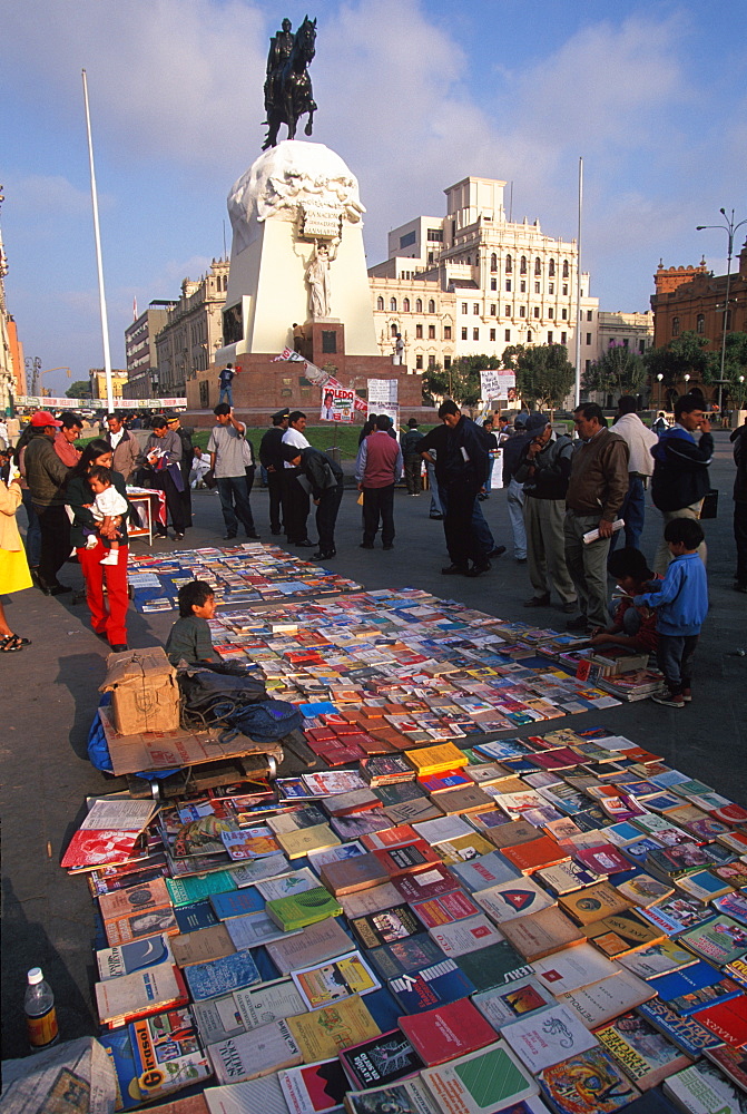 Plaza San Martin, with a statue of San Martin Peru's Independence Hero, it is the hub of the modern city and site of political rallies, Lima, Peru