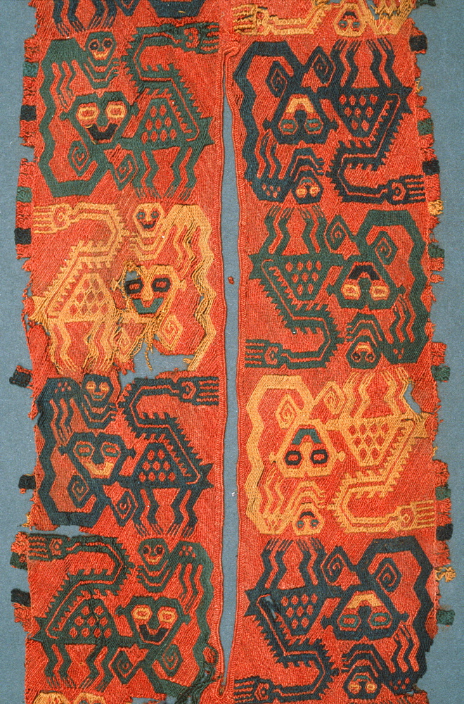 Paracas Culture, 300BC-100AD, funerary wrap with jaguar and monkey design on collar of mantle collection of the Museo Amano, Lima, Peru