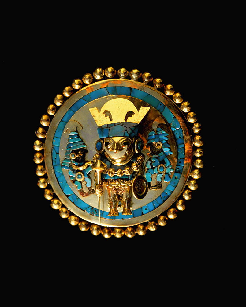 Gold Artifacts Moche (Mochica) Culture, 100 to 700AD, NCoast ear ornament from Lord of Sipan Tomb, 300AD, gold & turquoise 3-dimensional image of Lord, Peru