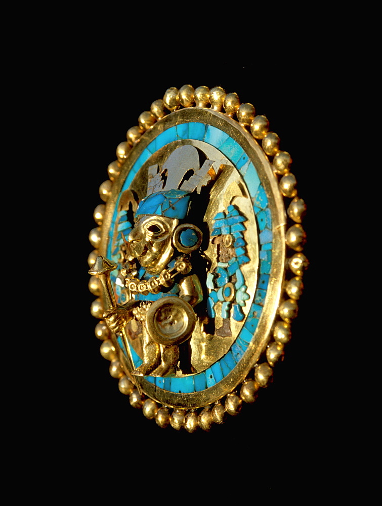 Gold Artifacts Moche (Mochica) Culture, 100 to 700AD, NCoast ear ornament from Lord of Sipan Tomb, 300AD, gold & turquoise 3-dimensional image of Lord, Peru