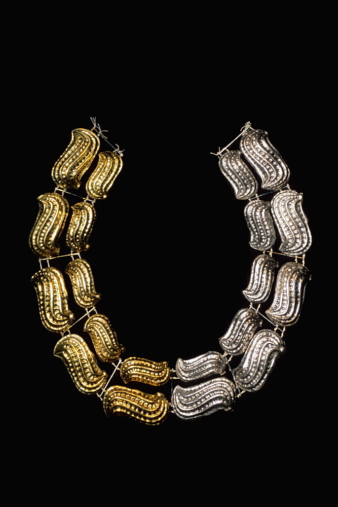 Gold Artifacts Moche (Mochica) Culture, 100 to 700AD, NCoast necklace from Lord of Sipan Tomb,300AD, with peanuts in symbolic duality of gold & silver, Peru