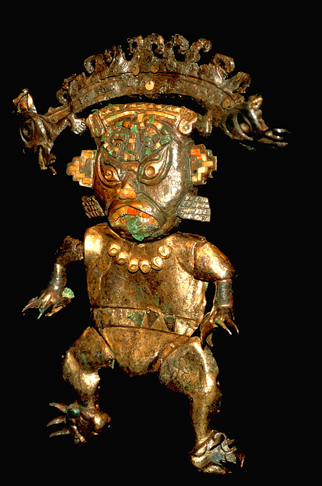 Gold Artifacts Moche (Mochica) Culture, 100 to 700AD, NCoast 'feline-man' fr Old Lord of Sipan Tomb, 200AD, gilded divinity reigns over sea, land & sky, Peru