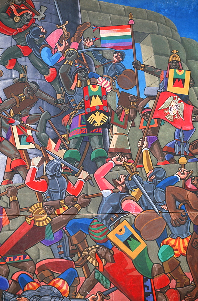 Mural by Juan Bravo, c1995 the history of the Incas and attack of Pizarro and the Spanish on Cuzco and Sacsayhuaman fortress, Cuzco, Peru