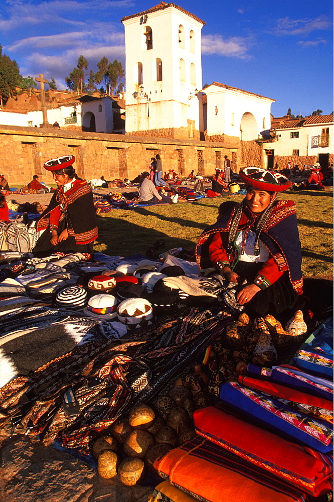 Chincheros, an ancient village near Cuzco its colonial church is built on Inca foundations and is famous for its weekly craft market, Highlands, Peru