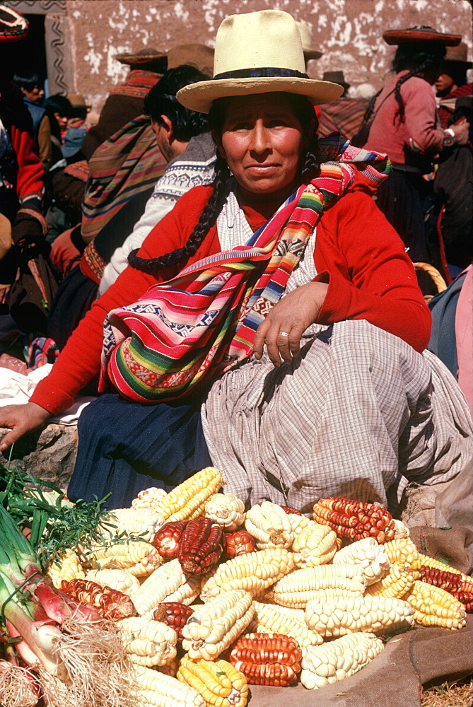 Chincheros, a traditional indian village near Cuzco with its famous weekly market vendor selling different types of corn, Highlands, Peru