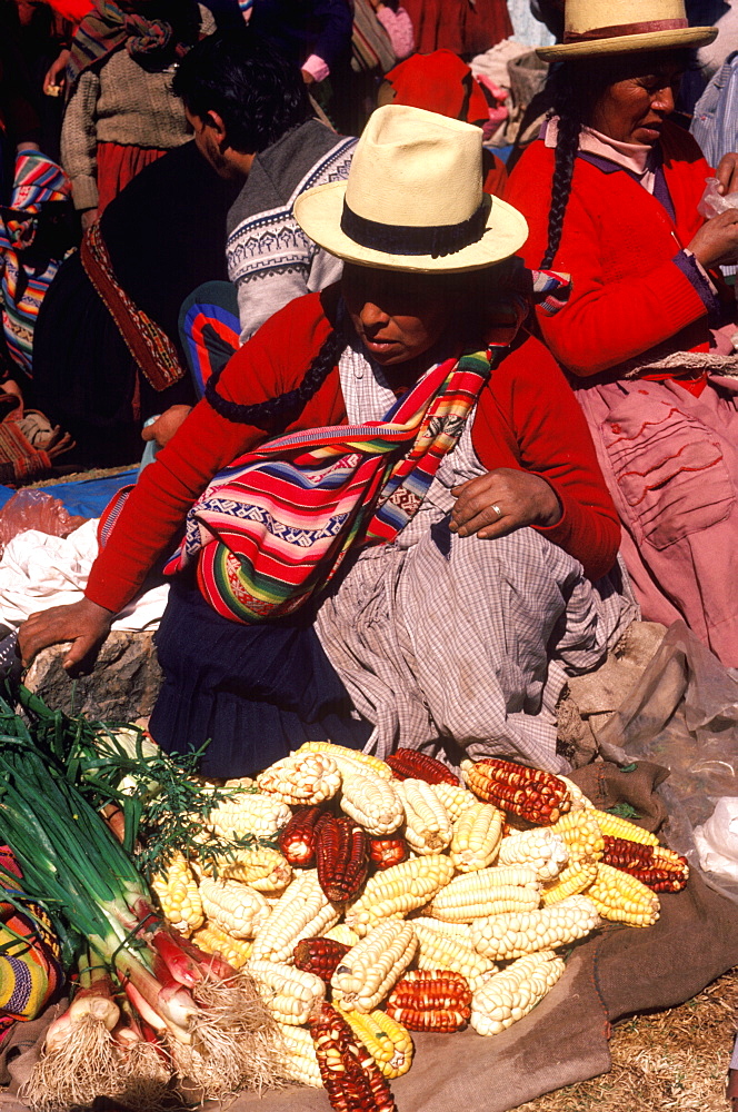 Chincheros a traditional indian village near Cuzco with its famous weekly market vendor selling different types of corn, Highlands, Peru