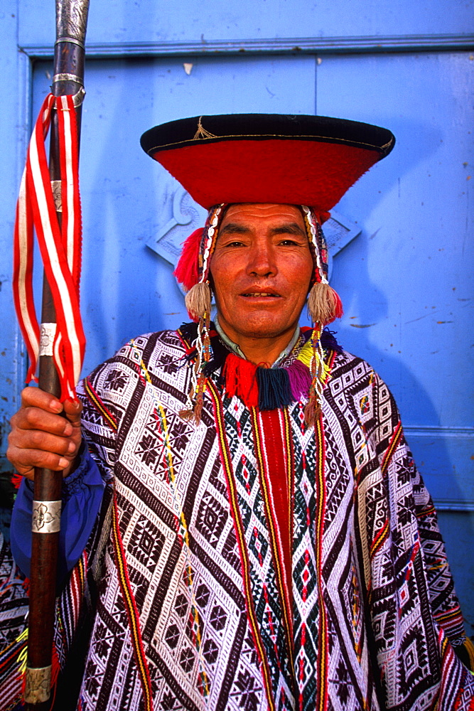 Pisac, village in Sacred Valley of the Incas near Cuzco and famous for one of the world's most colorful markets trad village elder, Highlands, Peru