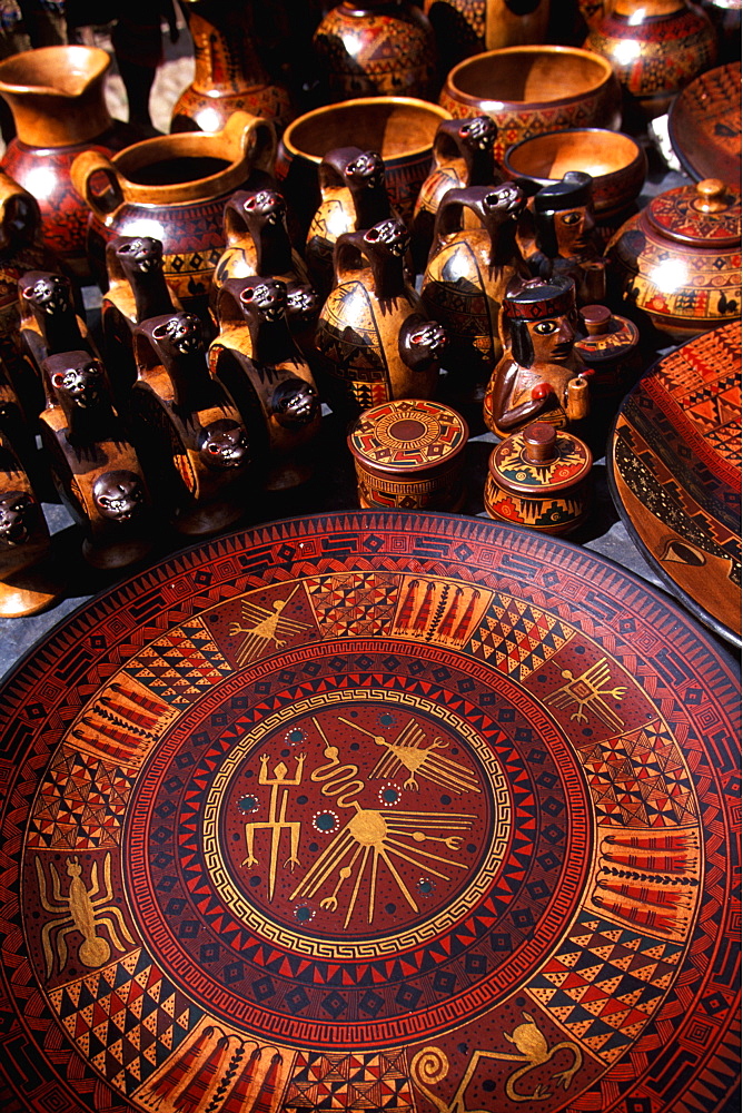 Pisac village in Sacred Valley of the Incas near Cuzco and famous for one of the world's most colorful markets craft items for sale, Highlands, Peru