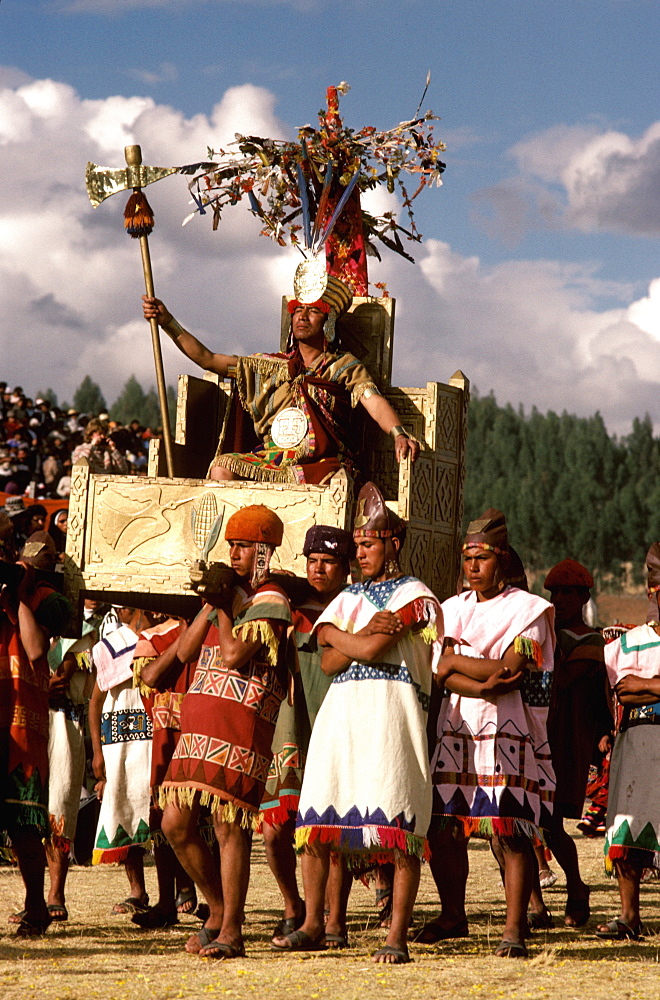 Inti Raymi the Inca carried on his throne during the Inca Festival of the Sun, held at Sacsayhuaman, above Cuzco on June 24th, Peru