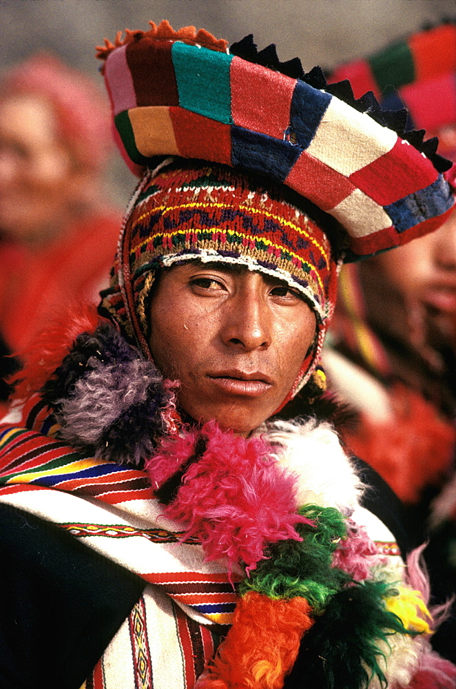 Inti Raymi spectator in traditional dress during the Incan Festival of the Sun, held at Sacsayhuaman, above Cuzco on June 24th, Peru