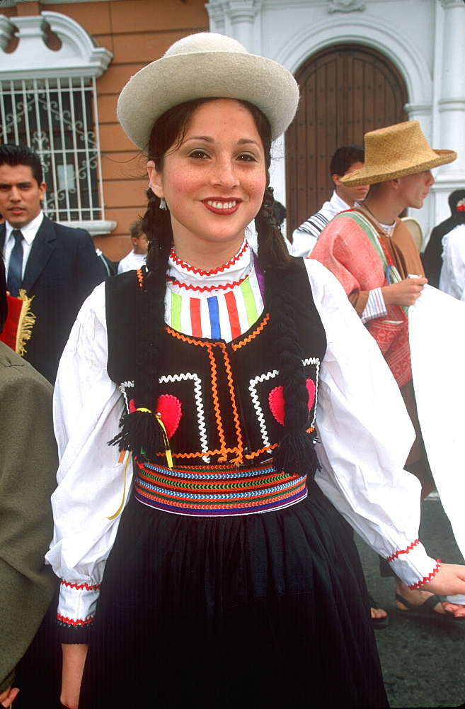 A colonial city on Peru's north coast the Tribute to the Flag Parade on Plaza de Armas young woman in dress typical of Trujillo, Trujillo, Peru