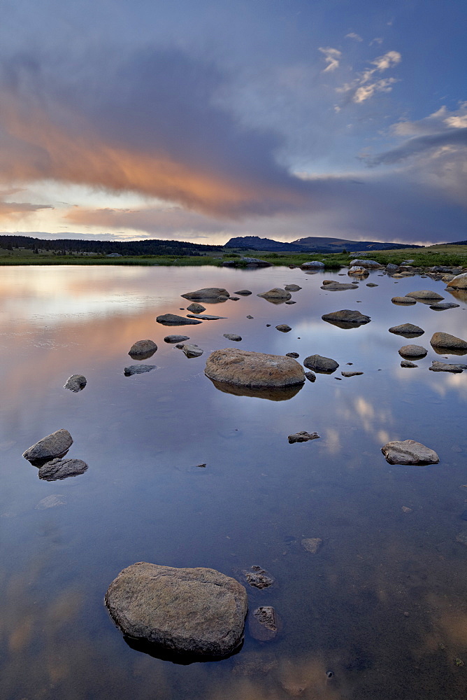 Sunrise over an unnamed lake, Shoshone National Forest, Wyoming, United States of America, North America