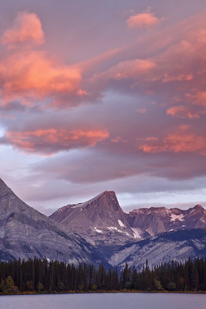 Red clouds at sunrise at Upper Kananaskis Lake, Peter Lougheed Provincial Park, Kananaskis Country, Alberta, Canada, North America