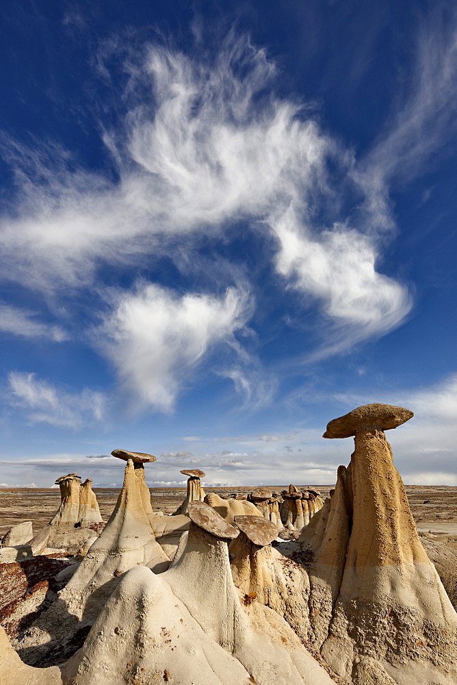 Yellow hoodoos under a wispy cloud, San Juan Basin, New Mexico, United States of America, North America