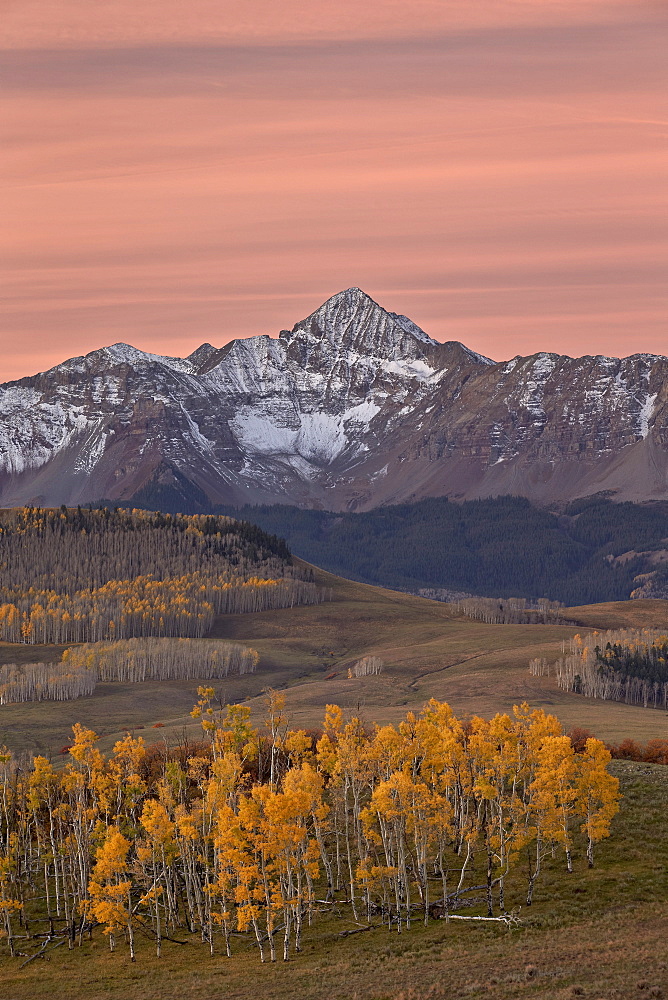 Wilson Peak at dawn with a dusting of snow in the fall, Uncompahgre National Forest, Colorado, United States of America, North America 