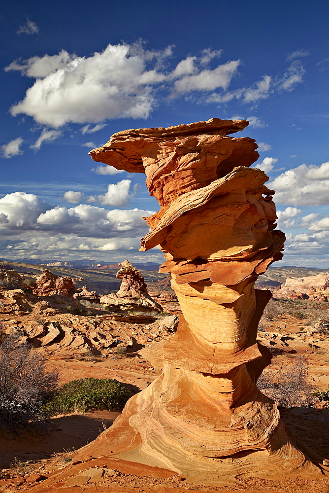 Layered sandstone column under clouds, Coyote Buttes Wilderness, Vermillion Cliffs National Monument, Arizona, United States of America, North America 