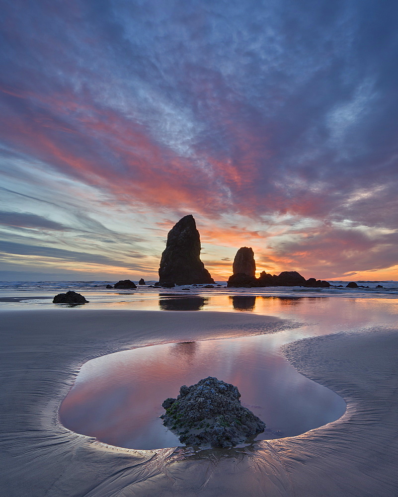 Sea stacks at sunset, Cannon Beach, Oregon, United States of America, North America 