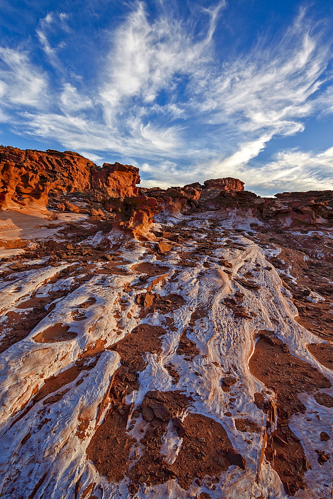 Red sandstone covered with salt, Gold Butte, Nevada, United States of America, North America