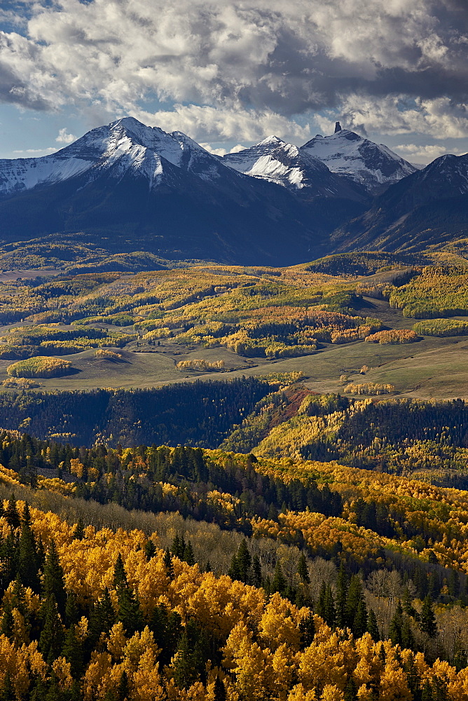 Lizard Head and yellow aspens in the fall, Uncompahgre National Forest, Colorado, United States of America, North America