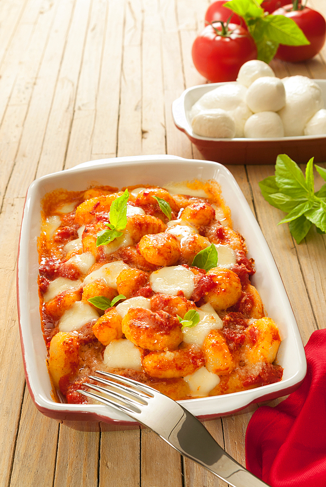 Gnocchi Sorrento style with parmesan, tomato sauce, mozzarella and basil, Campania, Italy, Europe