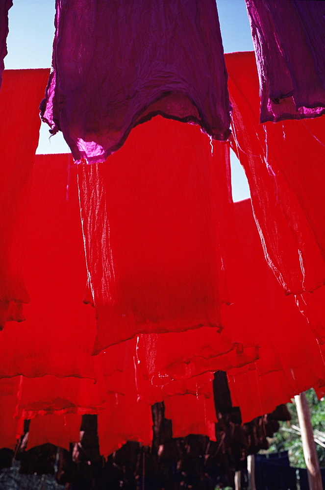 Red dyed cloth drying, Marrakech, Morocco, North Africa, Africa