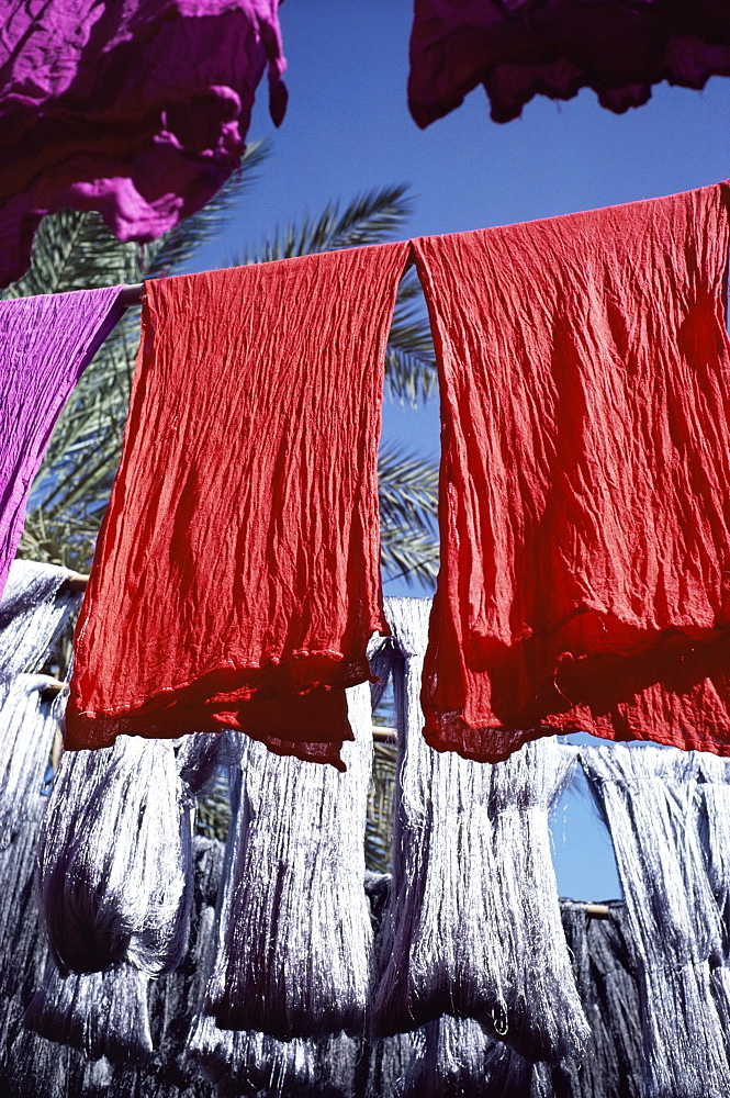 Red dyed cloth and silk drying, Marrakech, Morocco, North Africa, Africa