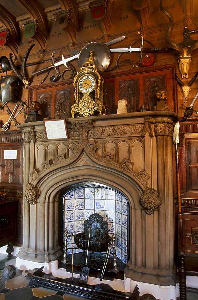 Fireplace in the entrance hall, in the house built to Sir Walter Scott's plan and where the writer lived from 1812 until his death 20 years later, Abbotsford House, near Melrose, Scottish Borders, Scotland, United Kingdom, Europe