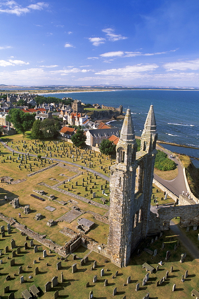 Ruins of St. Andrews cathedral, dating from the 14th century, graveyard and town, St. Andrews, Fife, Scotland, United Kingdom, Europe