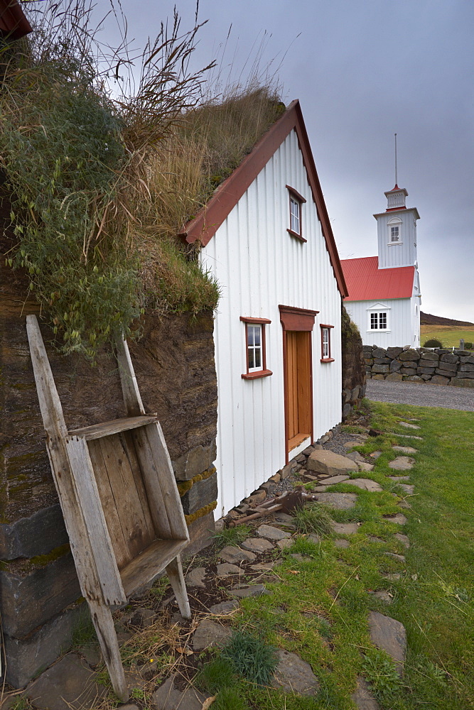 Laufas historic farmstead, the large turf farm house was built between 1866 and 1870, the present church in 1865, north of Akureyri, Iceland, Polar Regions