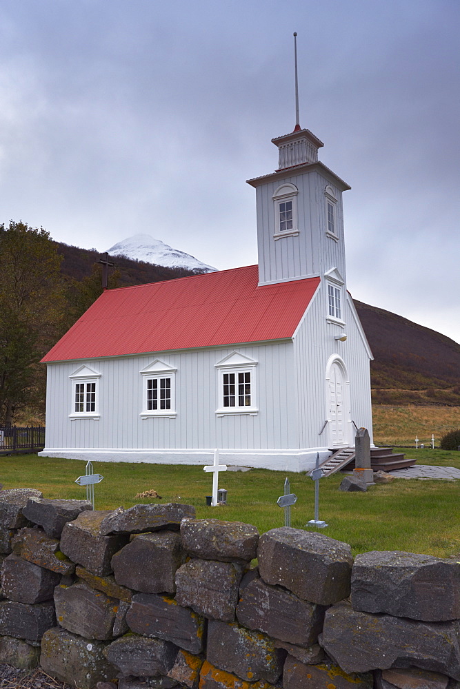 Laufas historic farmstead, the present church built in 1865, north of Akureyri, Iceland, Polar Regions