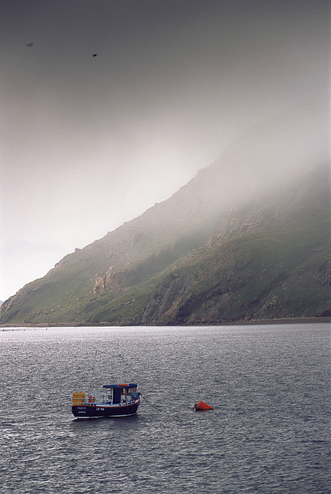 Ronas Voe and fishing boat, Ronas Hill, Northmavine, Shetland Islands, Scotland, United Kingdom, Europe