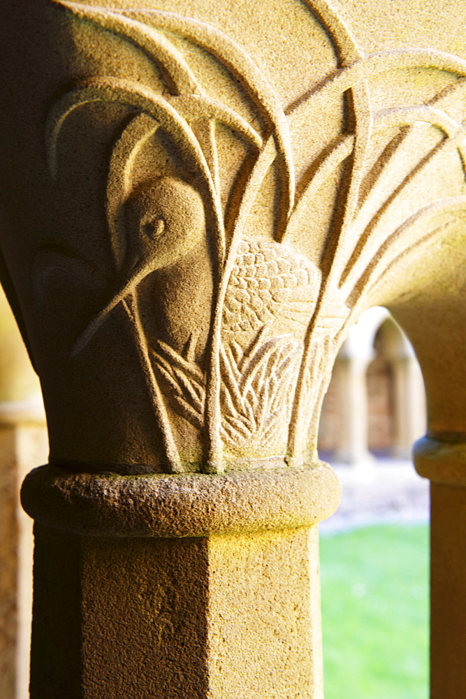 Finely carved capitals in the Cloisters, Iona Abbey, Isle of Iona, Scotland, United Kingdom, Europe