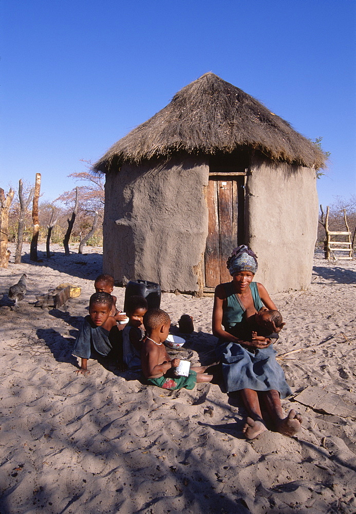 San !Kung village at the foot of Tsodilo Hills, Ngamiland, Botswana, Africa