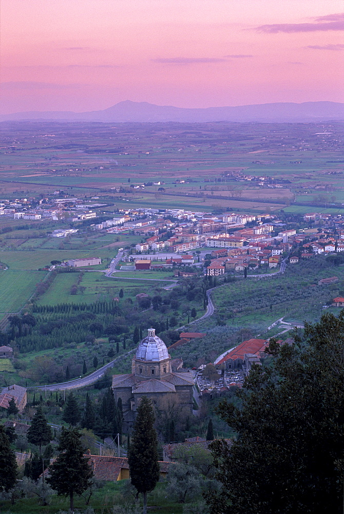 View from the town at sunset, Cortona, Tuscany, Italy, Europe