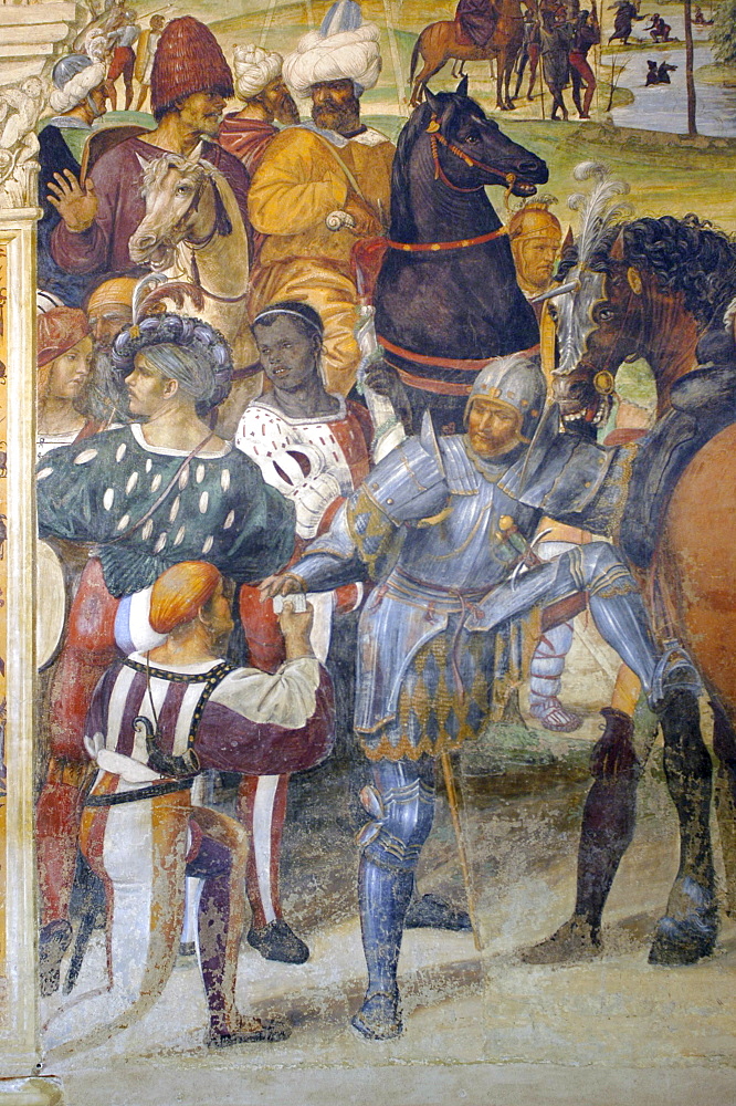 Detail of frescoes in cloister by famous Renaissance painter Luca Signorelli, of the life of St. Benedict (San Benedetto), showing the meeting between Totila, King of Goths, and San Benedetto, Monte Oliveto Maggiore Abbey, Chiusure, Tuscany, Italy, Europe