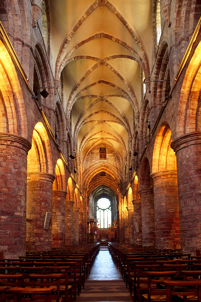 Interior of St. Magnus Cathedral, dating from 1137, built of sandstone, and one of the best preserved in Scotland, Kirkwall, Mainland, Orkney Islands, Scotland, United Kingdom, Europe