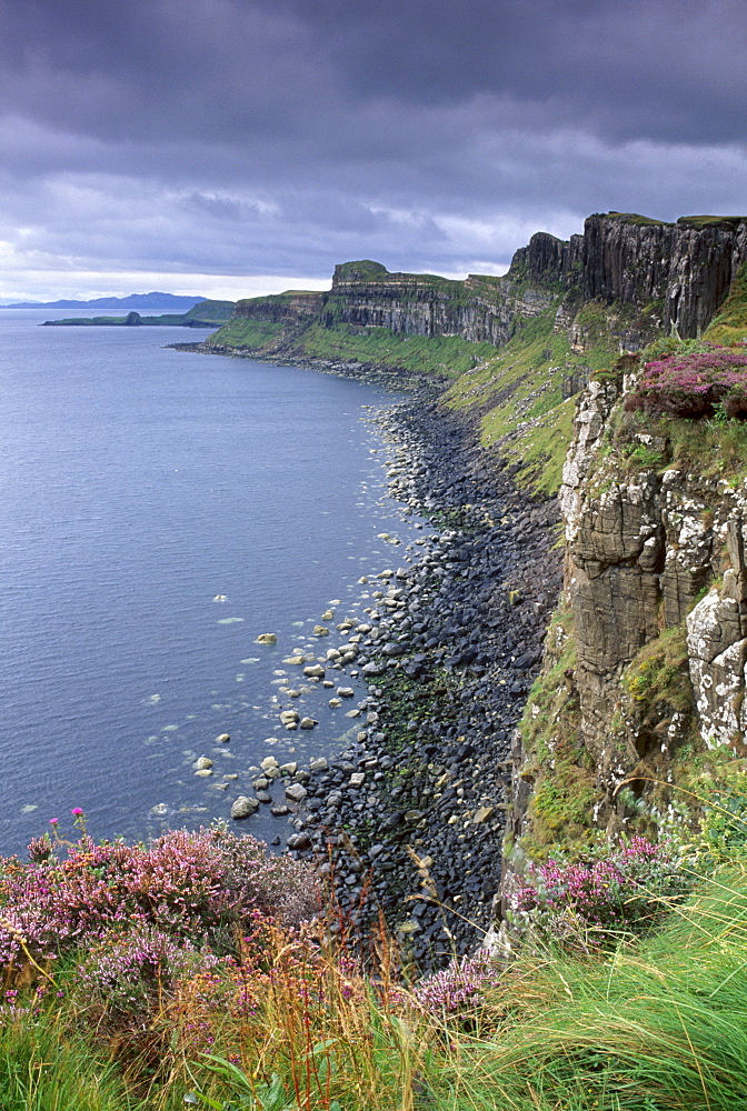 Basaltic cliffs dominating Raasay Sound, east coast of Skye, Trotternish, Isle of Skye, Inner Hebrides, Scotland, United Kingdom, Europe