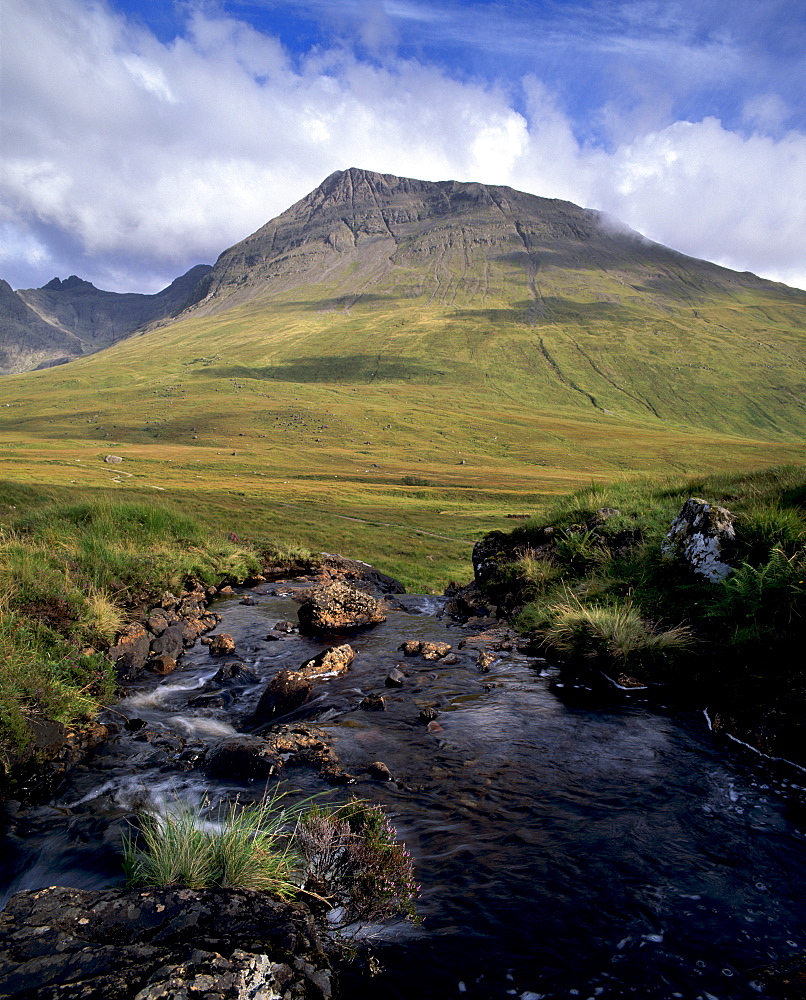 Glen Brittle with Allt Coir a Mhadaidh stream and Sgurr Thuilm, 881m, Black Cuillins, Isle of Skye, Inner Hebrides, Scotland, United Kingdom, Europe