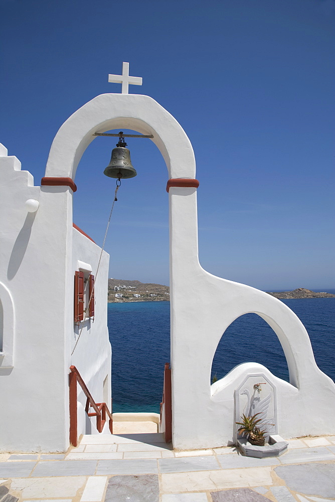 Church near the beach of Psarou, Mykonos, Cyclades, Greek Islands, Greece, Europe