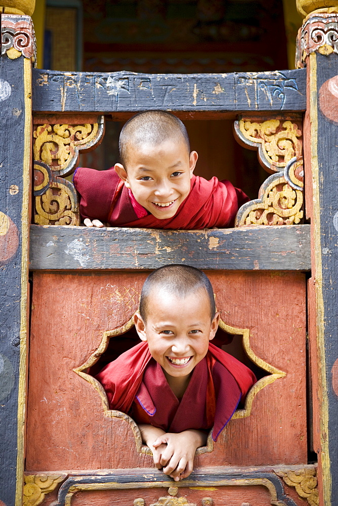 Young Buddhist monks, Paro Dzong, Paro, Bhutan, Asia