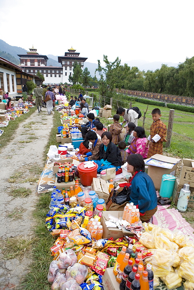 Market during Buddhist festival (Tsechu), Thimphu, Bhutan, Asia